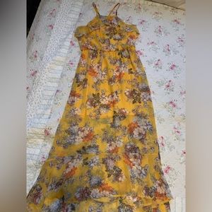 Yellow floral high low ruffle dress.
